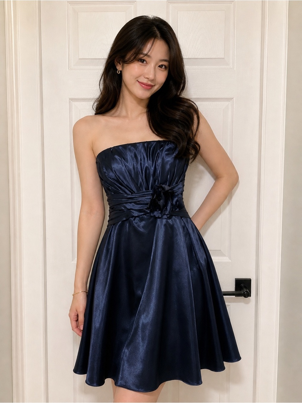 Strapless | Navy | Satin | Cocktail 
Dress wFloral Detail |Fit & Flare | Size 6